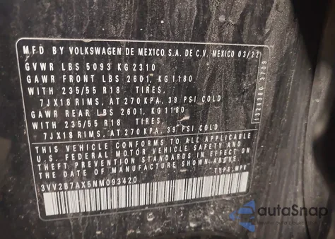 2022 Volkswagen Tiguan 2.0T Se из США, поврежденный, VIN 3VV2B7AX5NM093420